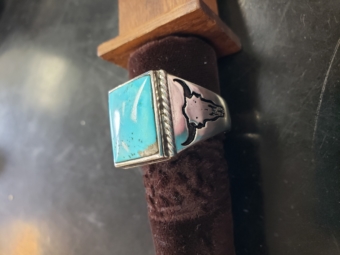 Sterling silver and turquoise ring with steer engraving 1