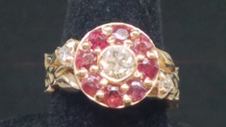 repurposed rubies from a vintage piece, yellow gold with vines and diamonds on sides 2